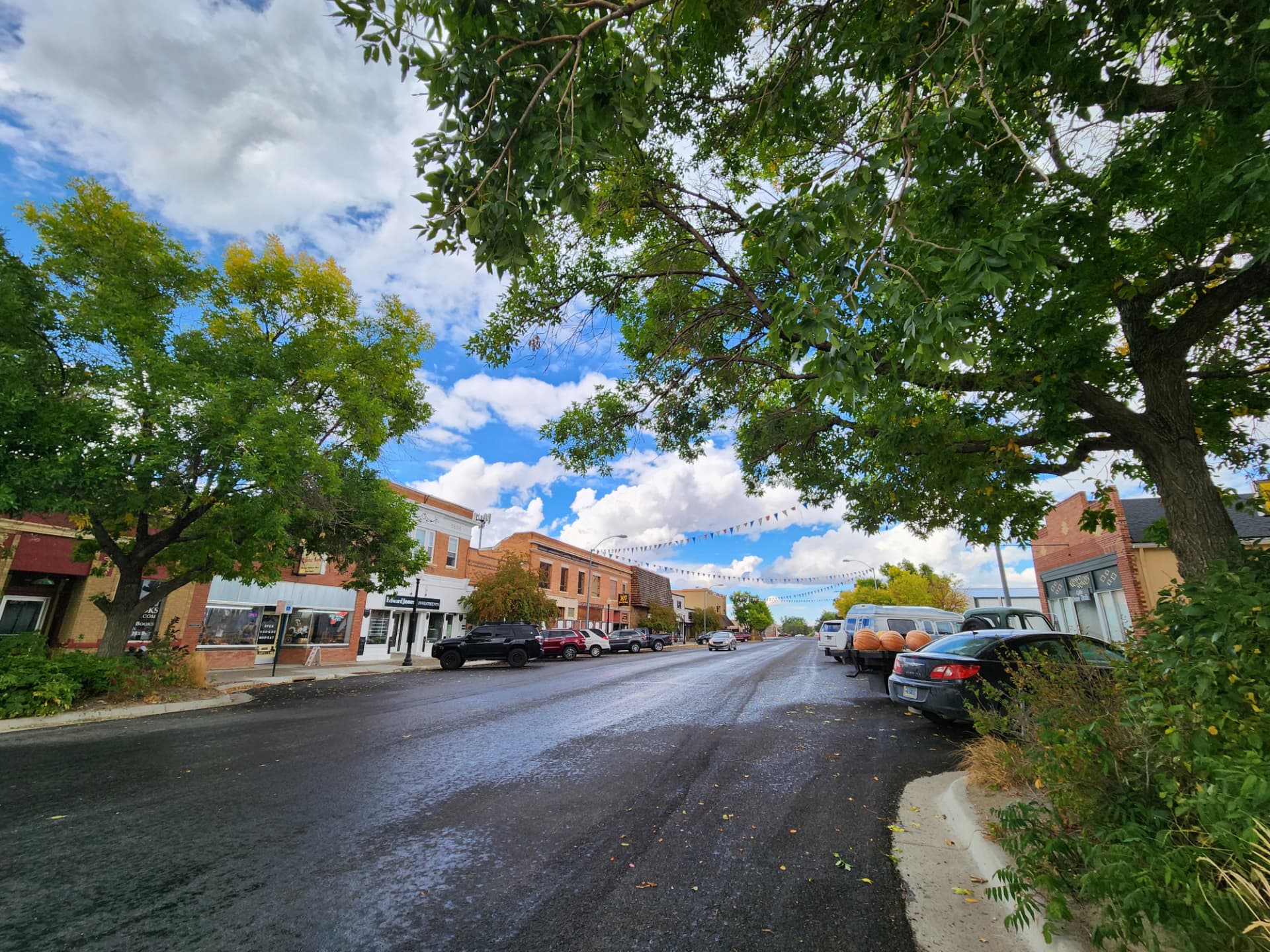 Freshly resurfaced downtown street lined with local businesses